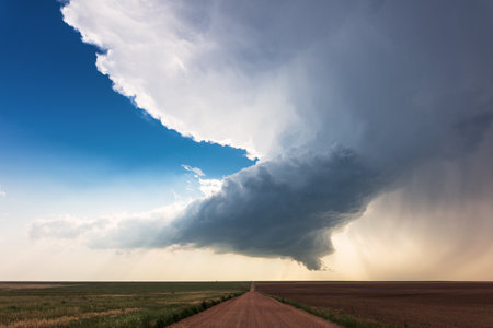 Supercell storm over a dirt road in Kansas.の写真素材