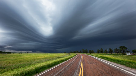 Road leading to a supercell storm cloud