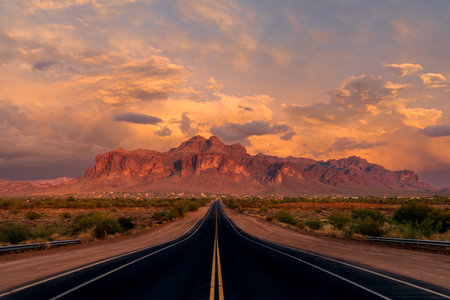 Road in the desert, Superstition Mountains, Arizona, USA.の写真素材