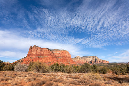 Red rock in Sedona Arizona USA with blue sky and white cloudsの写真素材
