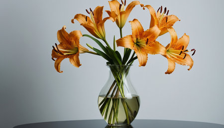 Bouquet of orange lilies in a vase on a gray backgroundの素材