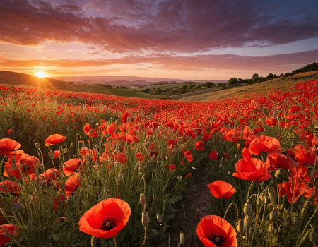 Beautiful sunset over poppy field in Tuscany, Italy.の素材