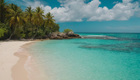 Beautiful beach with palm trees and turquoise sea, Seychellesの素材