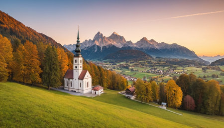 Panoramic view of the church of St. Peter and St. Paul in the village of Engelberg on Swiss alpsの素材