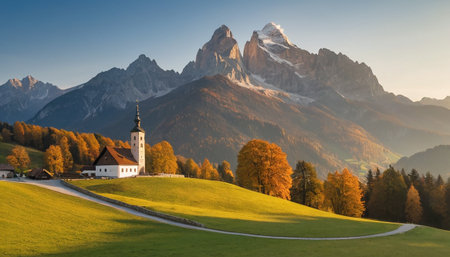 Beautiful alpine landscape with church in Dolomites, Italyの素材