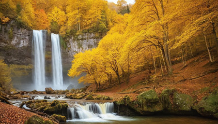 Autumn landscape with a waterfall in the forest and yellow leaves.の素材
