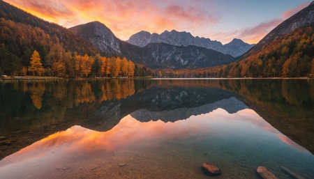 Sunset over Obersee lake in autumn, Bavaria, Germanyの素材