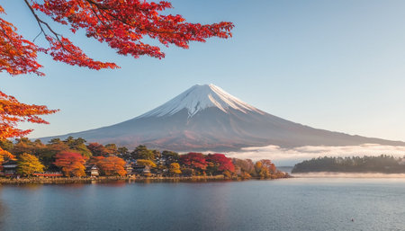 Mt. Fuji with maple leaf at Kawaguchiko lake in Japanの素材