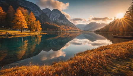 Autumn alpine landscape with lake and forest at sunrise. Dolomites, Italyの素材