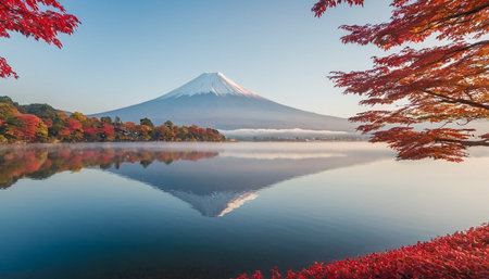 Beautiful landscape of mountain fuji with maple leaf tree around lake in autumn season Japanの素材