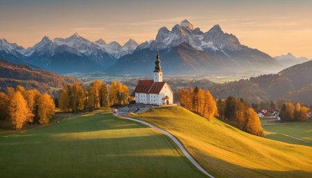Panoramic view of the church of St. Mary Magdalene and the Dolomites at sunrise, Italyの素材