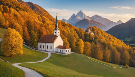 Panoramic view of the Church of St. Francis of Assisi in Dolomites, Italyの素材