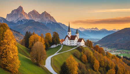 Panoramic view of St. Mary's Church and the Dolomites in autumn, Italyの素材