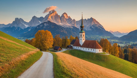 Autumn landscape in the Dolomites. Panoramic view of the church of St. Mary of the Assumption.の素材
