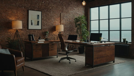 Modern office interior. Workplace in loft style. Workplace with computers on the table.の素材