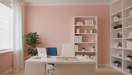 Interior of a modern office with pink walls and wooden floor.の素材