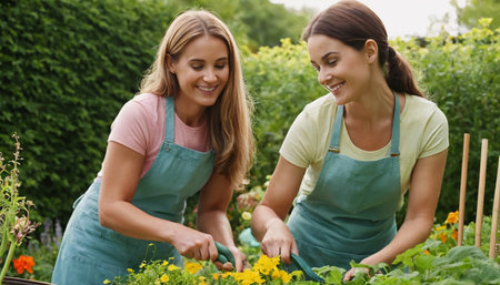 Two young female gardeners working in the garden, gardening concept.の素材