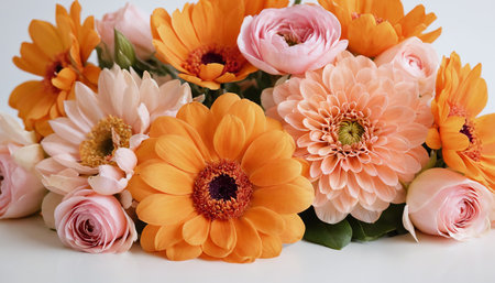Bouquet of orange and pink flowers on a white background.の素材