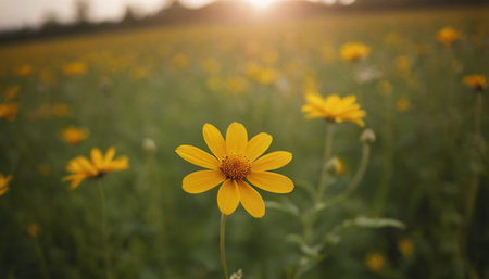 Yellow flower in the meadow at sunset. Beautiful summer landscape.の素材
