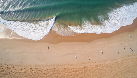 Aerial view of beach and sea with birds in summer, drone photoの素材