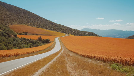 Road in the middle of a field of soybeans with mountains in the backgroundの素材