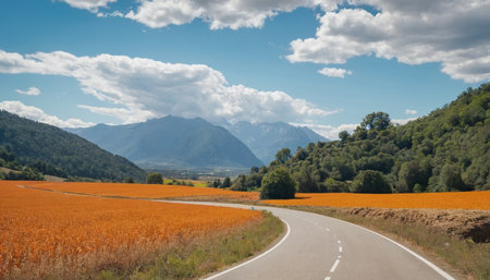 Road through a field of orange flowers. Tuscany, Italyの素材