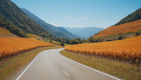 Autumn landscape in the mountains. Road through the meadows.の素材