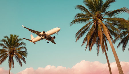 Tropical palm trees and airplane in the sky. Travel conceptの素材