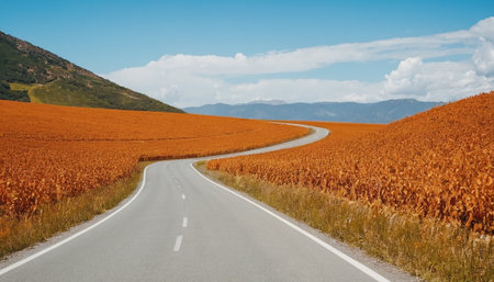 Road through the field of soybeans in the mountains. Agricultural landscapeの素材