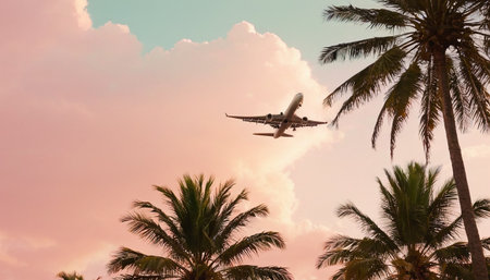 Passenger airplane flying over palm trees at sunset. Travel concept.の素材