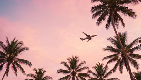Silhouette of palm trees and airplane flying in the sky.の素材