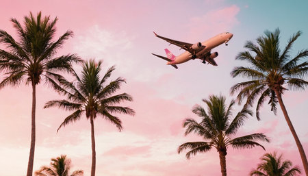Silhouette of airplane flying over palm trees and sunset sky.の素材