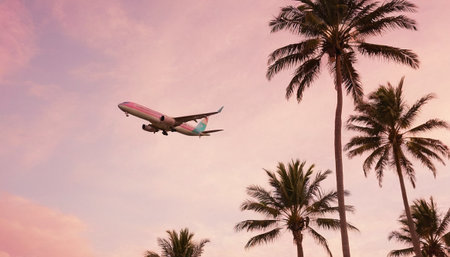 Airplane flying in the sky with palm trees. Travel concept.の素材