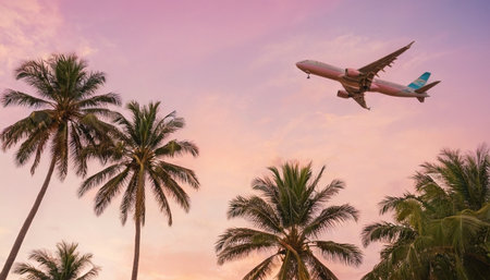 Airplane flying in the sunset sky over palm trees. Travel backgroundの素材