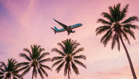 Airplane flying above palm trees at sunset. Travel and vacation conceptの素材