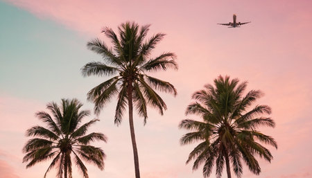 Palm trees and airplane in the sky at sunset. Travel conceptの素材