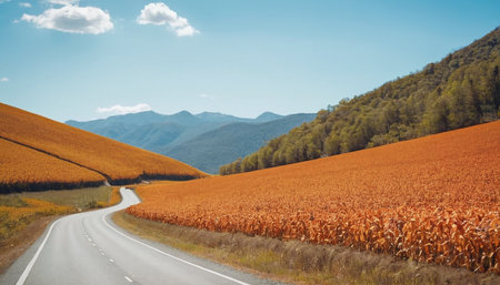 Mountain road through the field of corn in the autumn season.の素材