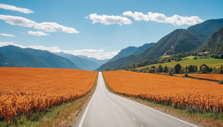 Road through the field of corn with mountains in the background, Austriaの素材