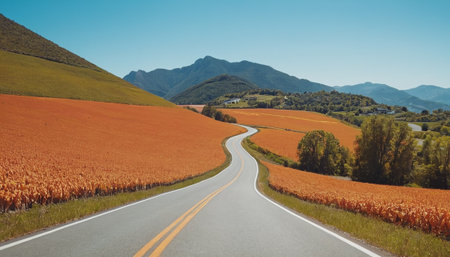 Road in the middle of a corn field with mountains in the backgroundの素材