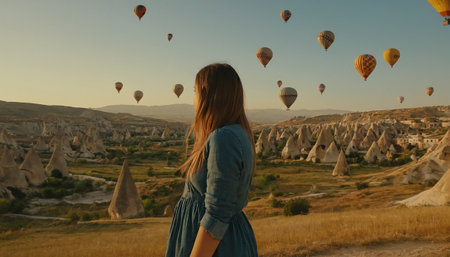 Young woman looking at hot air balloons flying over Cappadocia, Turkeyの素材