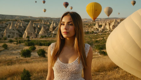 Beautiful young woman in white dress on the background of Cappadocia, Turkeyの素材