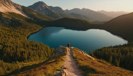 Hike in the mountains. A woman stands on the top of a mountain and looks at the lake.の素材