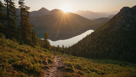 Beautiful mountain lake in the mountains at sunset. Panoramic viewの素材