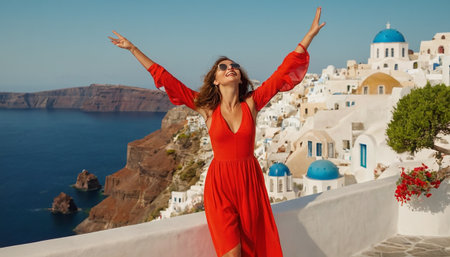 Beautiful woman in red dress on Santorini island, Greeceの素材