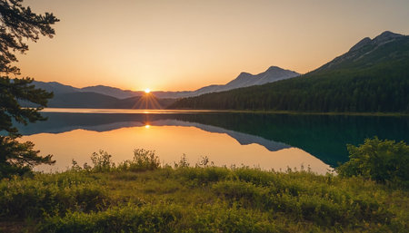 Sunset over the lake in the mountains. Beautiful summer landscape.の素材