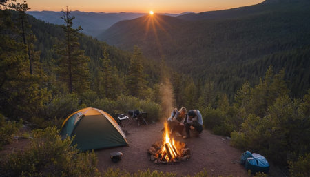 Camping in the mountains at sunset. Camping in the mountains.の素材