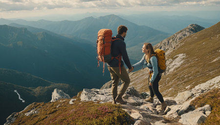 Couple of hikers with backpacks hiking in the mountains. Travel and adventure concept.の素材