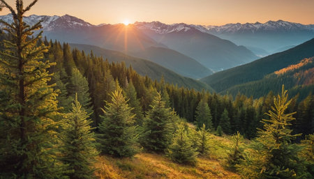 Mountain landscape with coniferous forest at sunset. Carpathian, Ukraineの素材