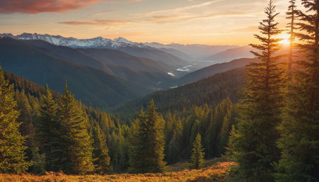 Mountain landscape with coniferous forest and snow-capped peaks at sunsetの素材