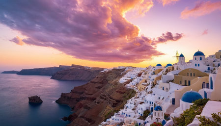 Panoramic view of Oia village on Santorini island, Greece.の素材